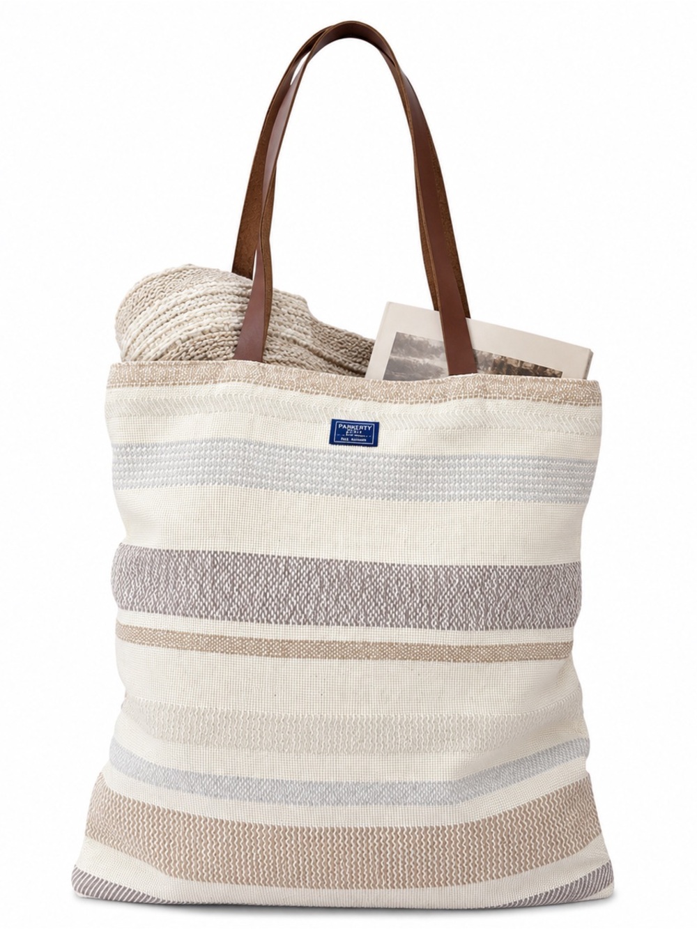 Vtg Faribault Woolen Mills Wool Tote Bag MADE IN USA Leather Straps Blue Cream - Picture 2 of 8